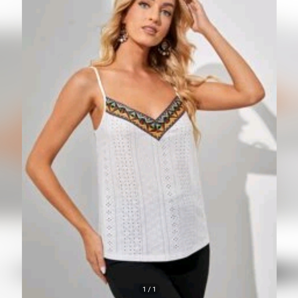 White eyelet cami with embroidery detail